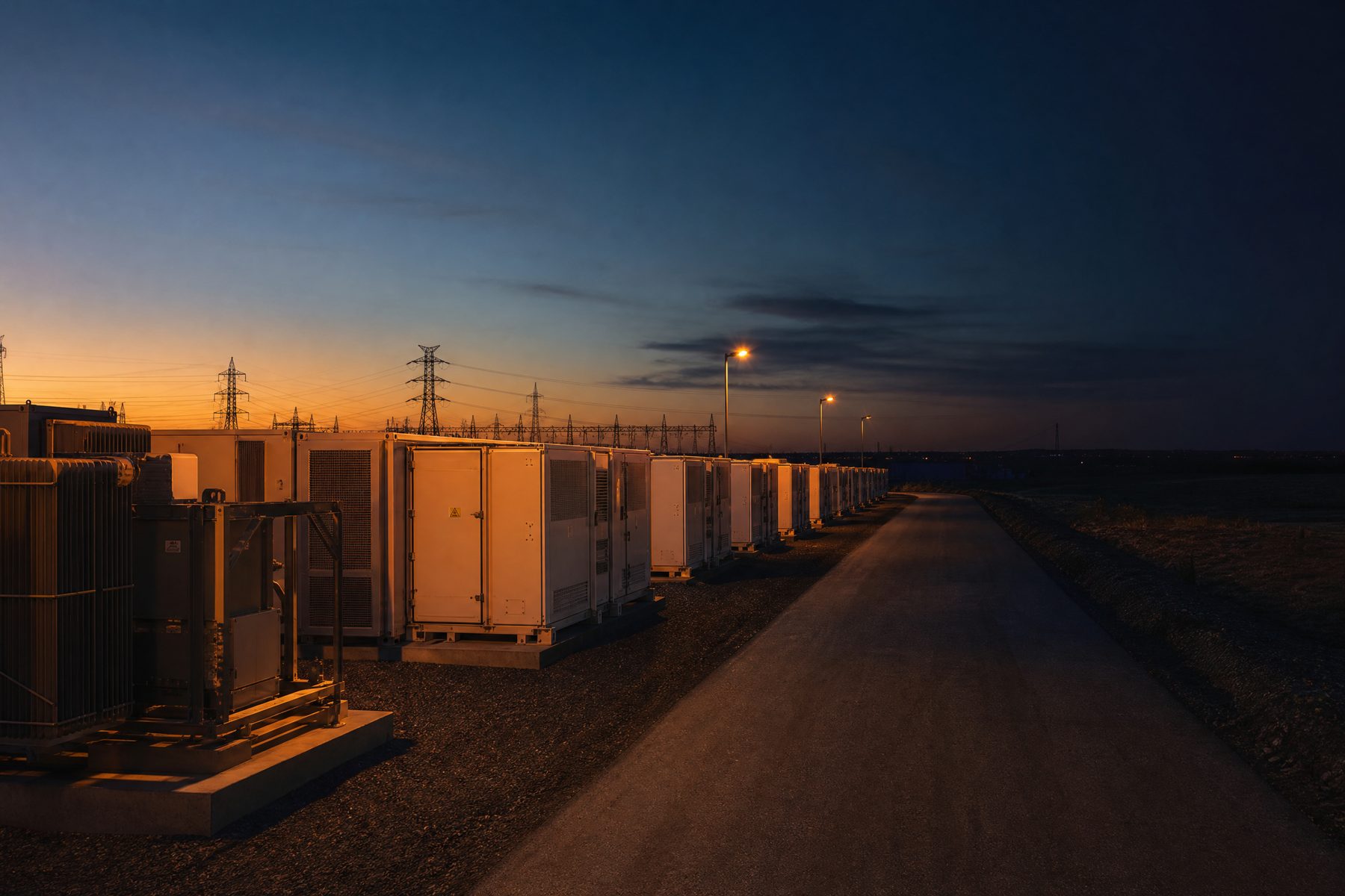Battery storage infrastructure at blue hour